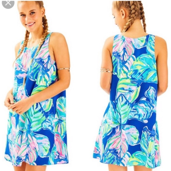 Lilly Pulitzer Silk Jackie Tank Shift Dress Casa Del Sol Blue Pink Tropical - Picture 2 of 7